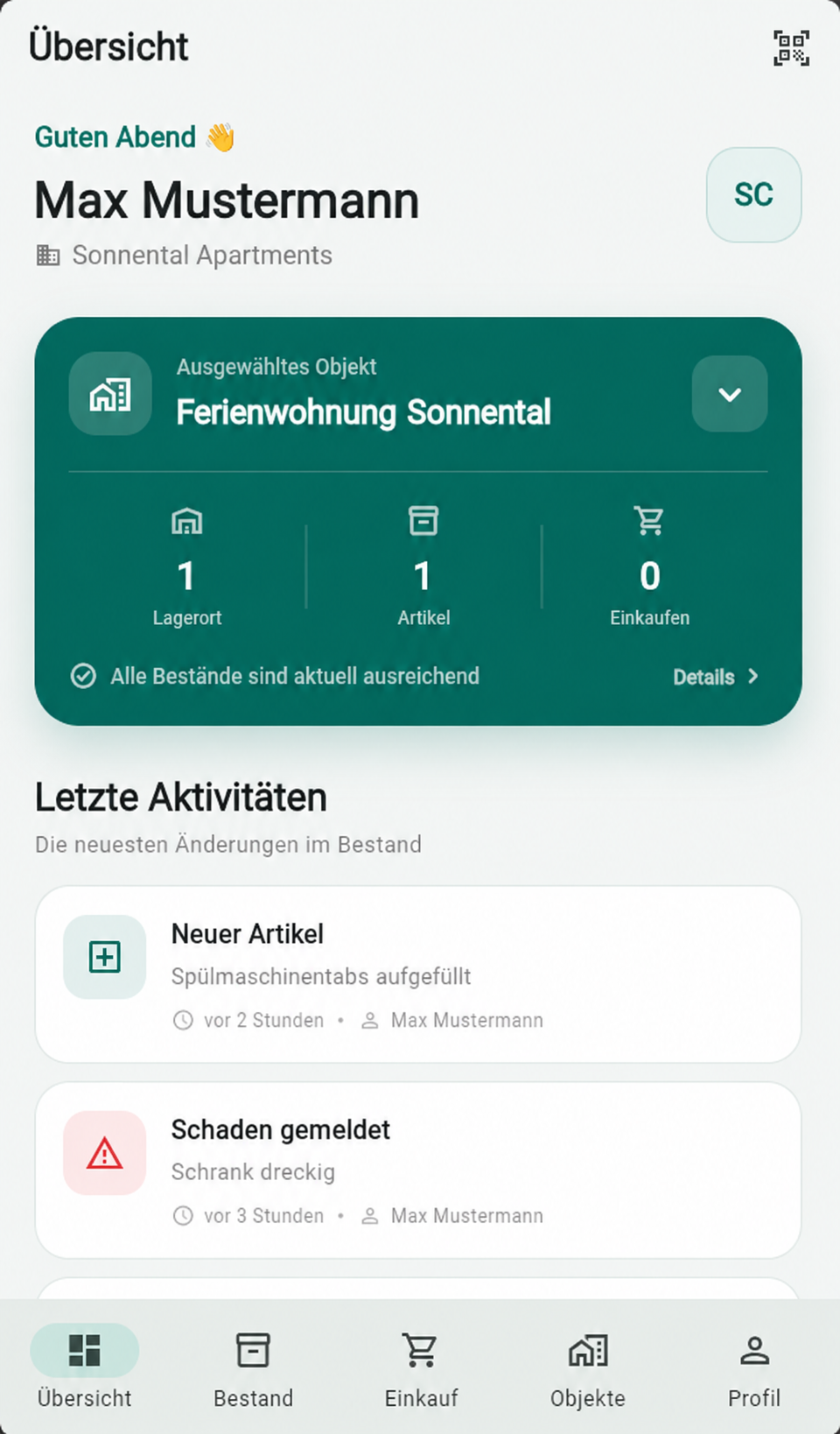 Vorraty Übersicht mit ausgewähltem Ferienobjekt und letzten Aktivitäten